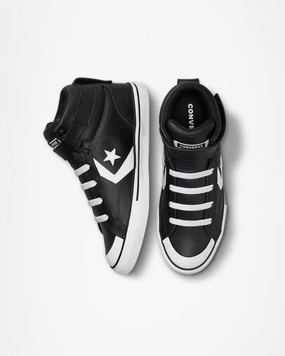Black / White Converse Pro Blaze Strap Leather Kids' Sneakers UK | C-24870969