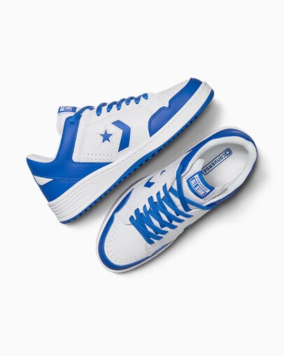 White / Blue Converse Weapon Leather Women Basketball Shoes UK | C-69403289