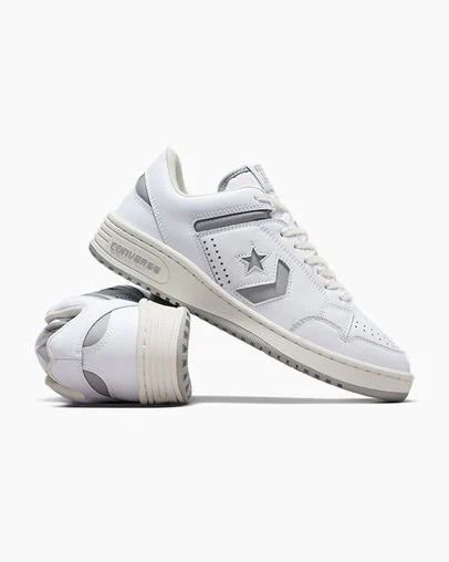 White / Grey Converse Weapon Leather Women Basketball Shoes UK | C-78063499